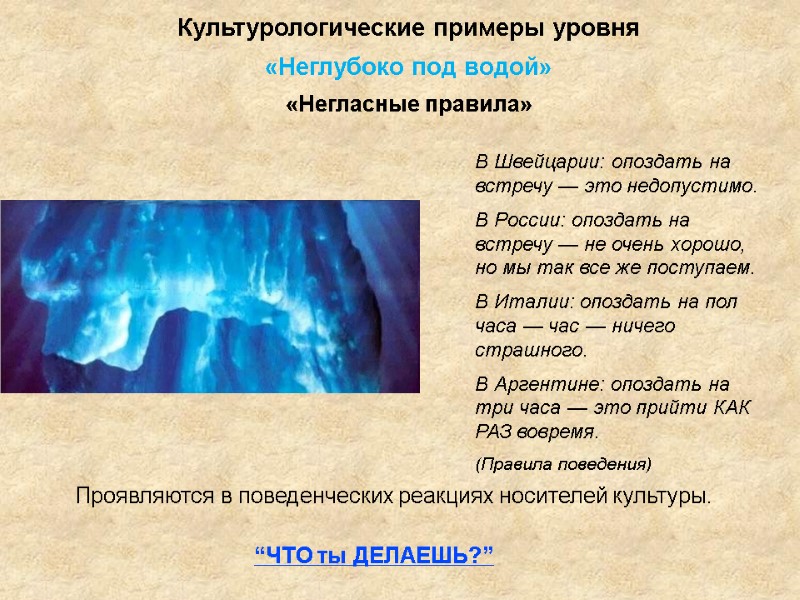 Проявляются в поведенческих реакциях носителей культуры.    В Швейцарии: опоздать на встречу